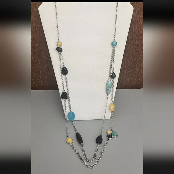 VTG Chico’s 2-Strand Necklace 39” Faux-Black-Turquoise-Yellow Silver Tone Chain - Picture 1 of 3